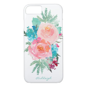 Pink and Turquoise Floral Bouquet with Your Name iPhone 8/7 Case