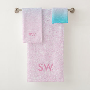 Pink and Turquoise Glitter Ombre Bath Towel Set