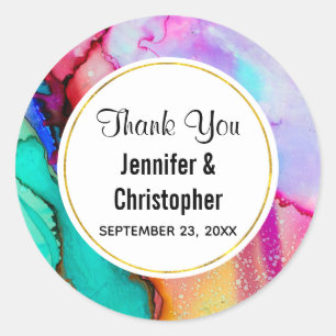 Pink and Turquoise Marble Abstract Watercolor Classic Round Sticker