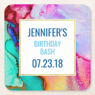 Pink and Turquoise Marble Abstract Watercolor Square Paper Coaster