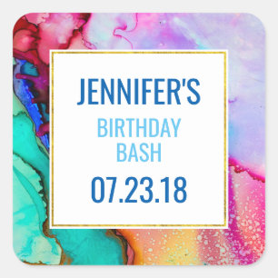 Pink and Turquoise Marble Abstract Watercolor Square Sticker