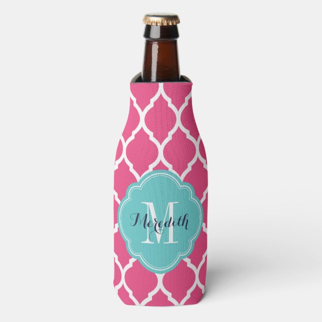 Pink and Turquoise Moroccan Quatrefoil Monogram Bottle Cooler (Bottle Front)