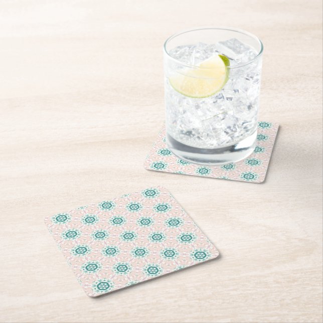 Pink and turquoise mosaics square paper coaster (Insitu)