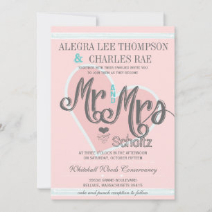 Pink and Turquoise Mr and Mrs Typography Weddings Invitation
