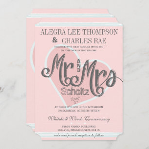 Pink and Turquoise Mr and Mrs Typography Weddings Invitation