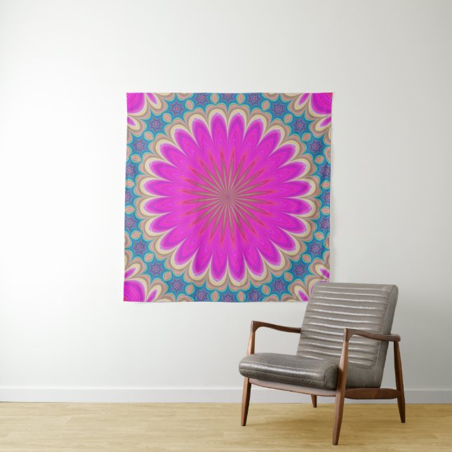 Pink and Turquoise Mystical Mandala Wall Tapestry (In Situ)