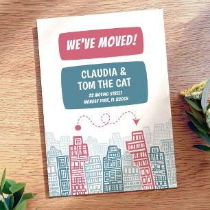 Pink and turquoise new address cartoon city announcement