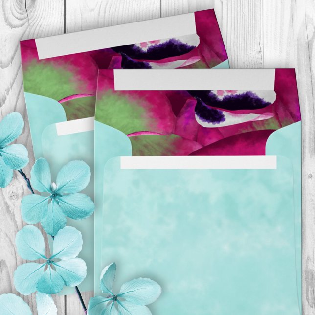 Pink and Turquoise Pansy Envelope (light turquoise, violet berry pink floral invitation envelope, square invitation envelopes, pansies)