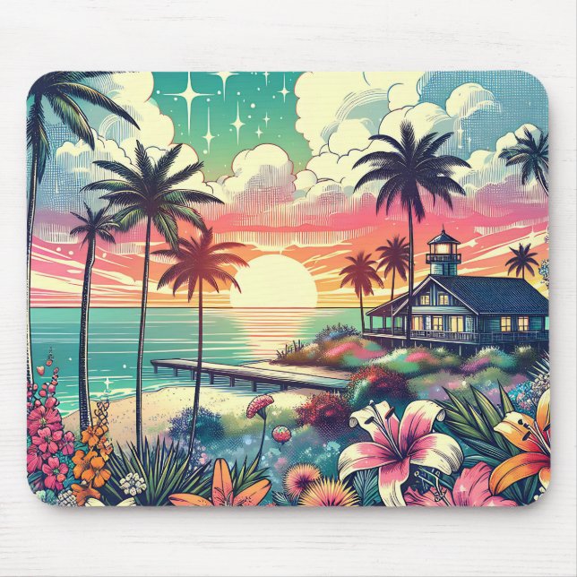 Pink and Turquoise Paradise | Beach Art Mouse Pad (Front)