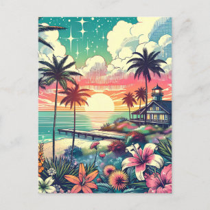 Pink and Turquoise Paradise Beach Art Postcard