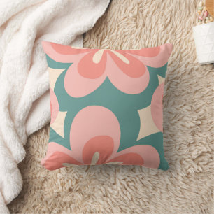 Pink and turquoise retro style flowers cushion