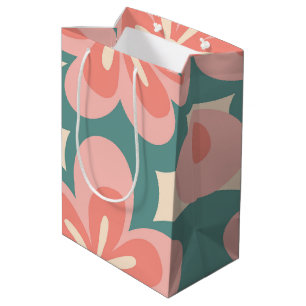 Pink and turquoise retro style flowers medium gift bag