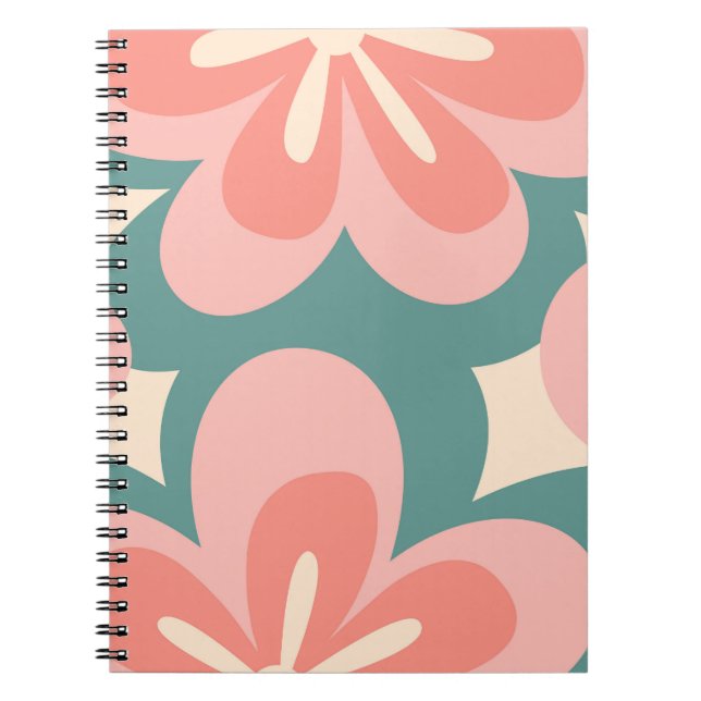 Pink and turquoise retro style flowers notebook (Front)