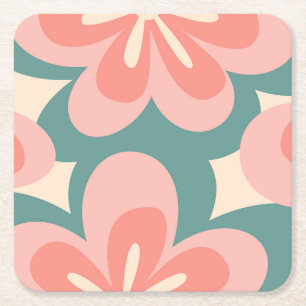 Pink and turquoise retro style flowers square paper coaster