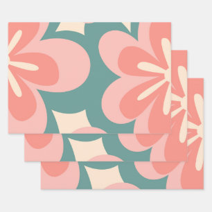 Pink and turquoise retro style flowers wrapping paper sheet