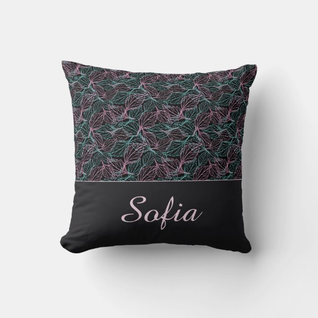 Pink and turquoise stylised leaves black Pattern  Cushion (Front)