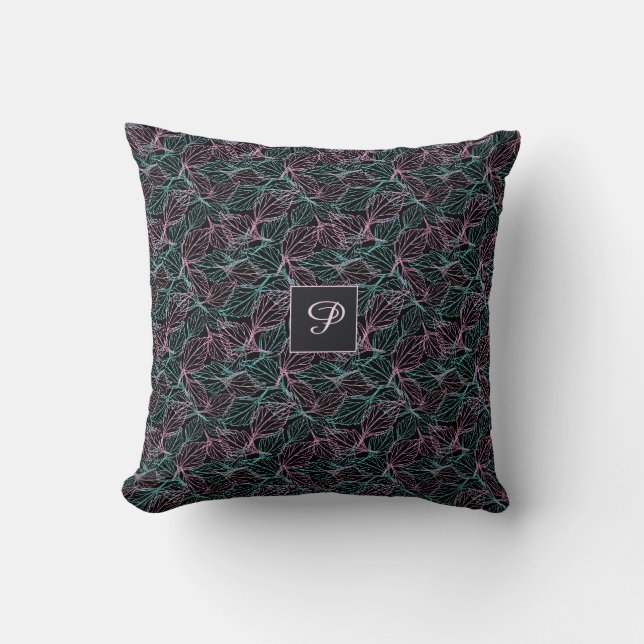 Pink and turquoise stylised leaves black Pattern  Cushion (Front)