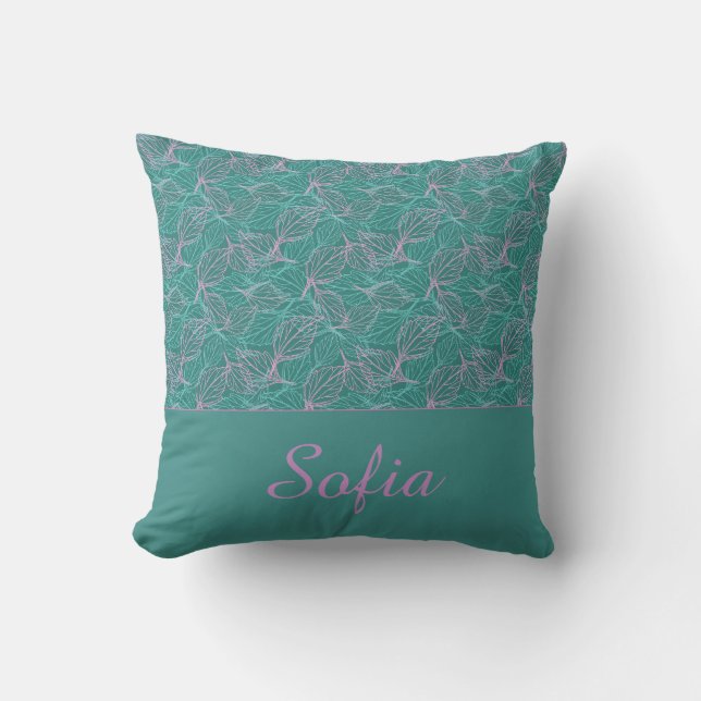 Pink and turquoise stylised leaves blue Pattern  Cushion (Front)