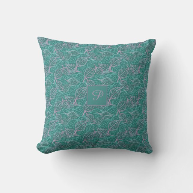 Pink and turquoise stylised leaves blue Pattern  Cushion (Front)