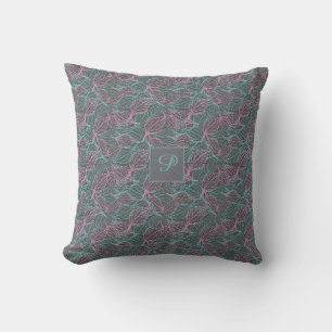 Pink and turquoise stylised leaves grey Pattern Cushion