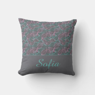 Pink and turquoise stylised leaves grey Pattern Cushion
