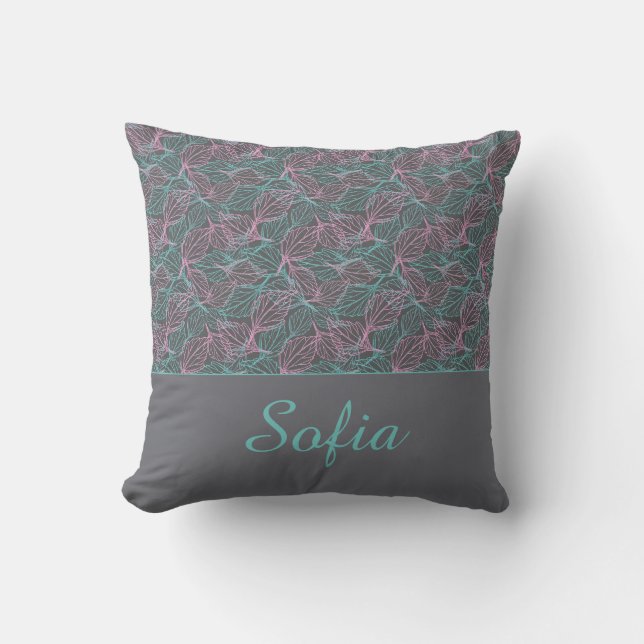 Pink and turquoise stylised leaves  grey Pattern  Cushion (Front)