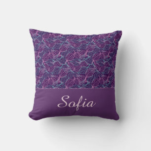 Pink and turquoise stylised leaves purple Pattern Cushion