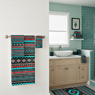 Pink and turquoise tribal bath towel set