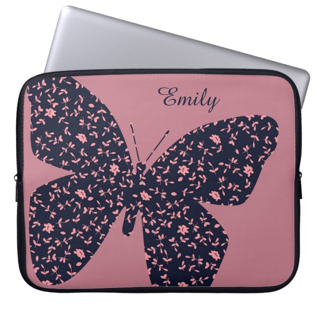 Pink and Violet Floral Butterfly Personalised Laptop Sleeve (Front)