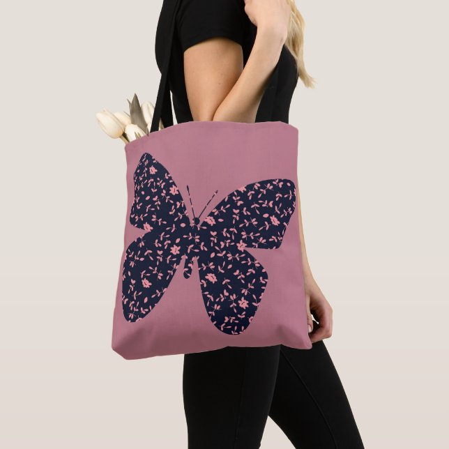 Pink and Violet Floral Butterfly Tote Bag (Close Up)