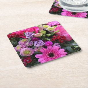 Pink and Violet Flower Bouquet Photo Square Paper Coaster