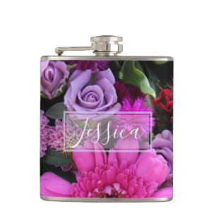 Pink and Violet Flowers Personalised Hip Flask