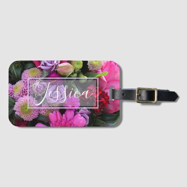 Pink and Violet Flowers Personalised Luggage Tag (Front Horizontal)