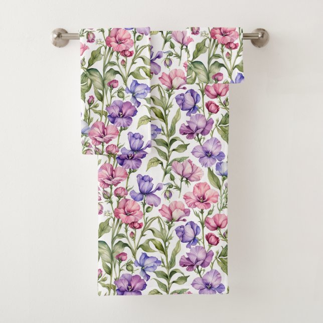 Pink and Violet Sweet Peas Bath Towel Set (Insitu)