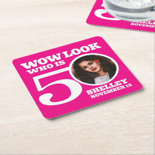Pink and white 50th birthday photo look who is square paper coaster