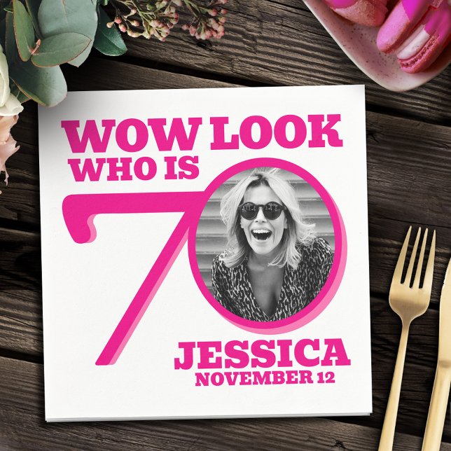 Pink and white 70th birthday photo look who is  napkin (Creator Uploaded)