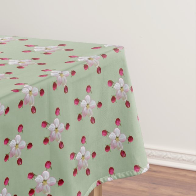 Pink and White Apple Blossom on Laurel Green Tablecloth (In Situ)