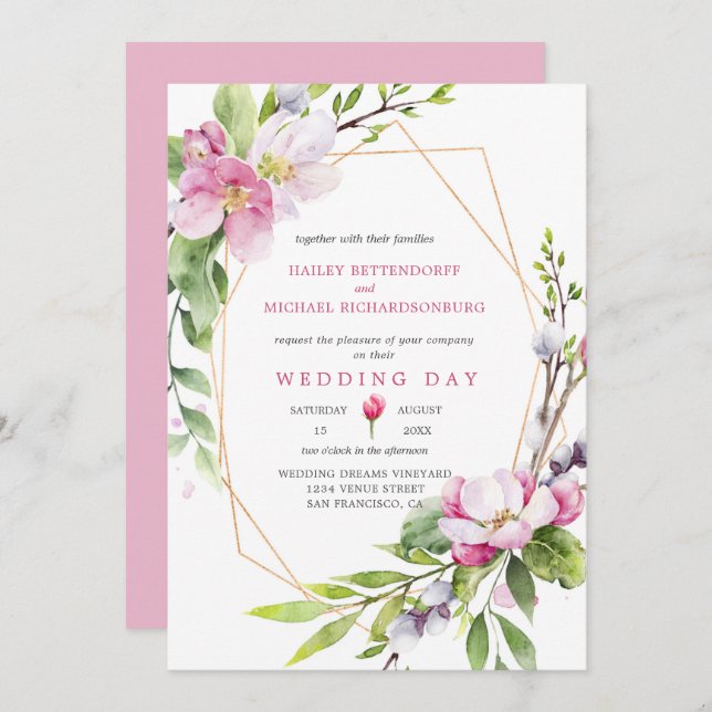 Pink and White Apple Blossoms Wedding Invitation (Front/Back)