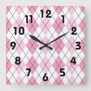 Pink and White Argyle Wall Clock