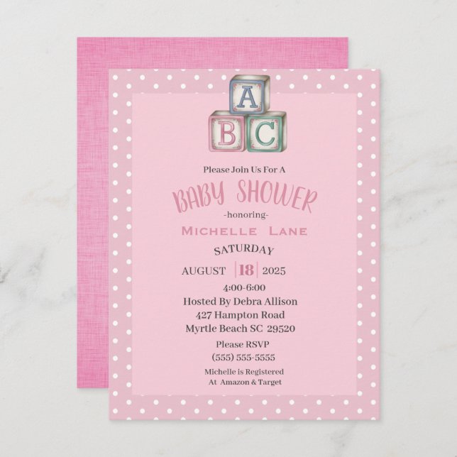 Pink and White Baby Blocks Girl Shower Invitation (Front/Back)