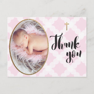 Pink and white Baby Girl Baptism Thank you Postcard