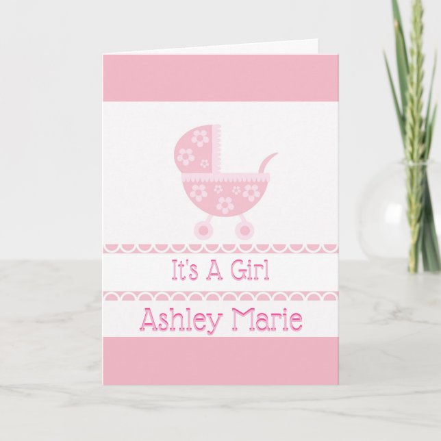 Pink And White Baby Stroller Birth Announcement (Front)
