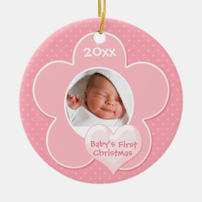 Pink and White "Baby's First Christmas" Ornament (Front)