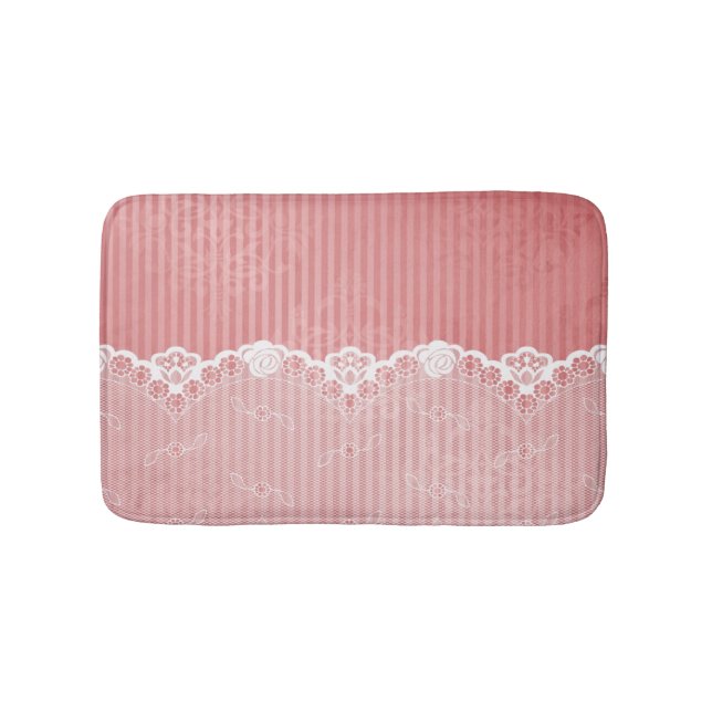 Pink and white background with black lace bath mat (Front)