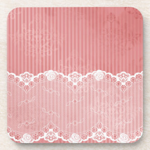Pink and white background with black lace coaster