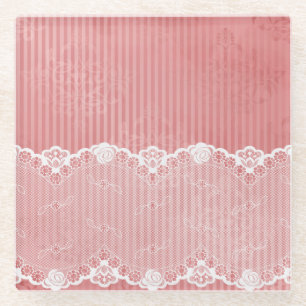 Pink and white background with black lace glass coaster