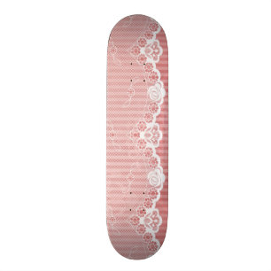 Pink and white background with black lace skateboard
