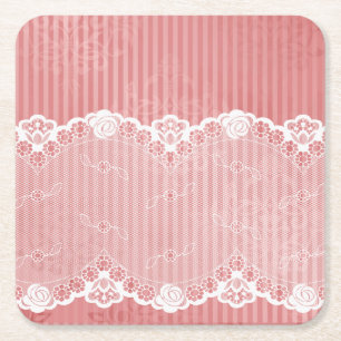 Pink and white background with black lace square paper coaster