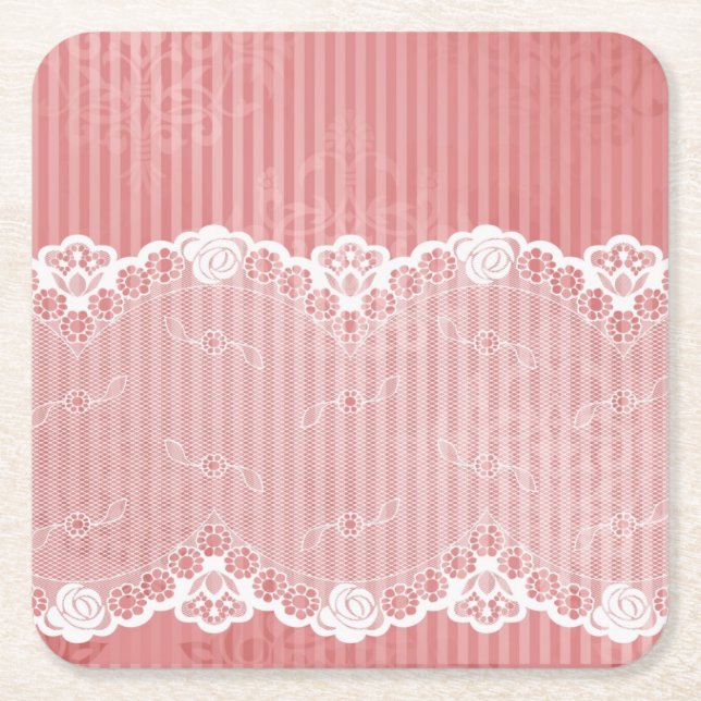 Pink and white background with black lace square paper coaster (Front)