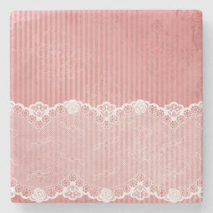 Pink and white background with black lace stone coaster